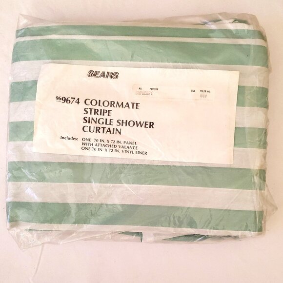 Sears shower curtain, New Green and White stripes with liner - Picture 1 of 4